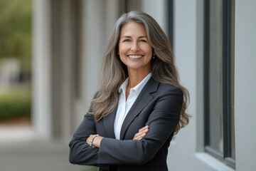 Confident middle-aged businesswoman with long gray hair smiling and standing with arms crossed in a professional suit outside a modern office building. Professional, approachable, and elegant