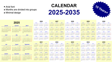2025 to 2035, 10 years plus calendar set. arial font calendar set. minimal calendars with sundays marked red.