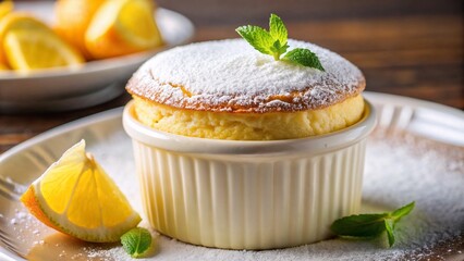 Fluffy lemon soufflé topped with powdered sugar in a ramekin
