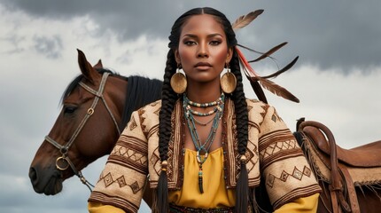 Obraz premium Strong spirit and proud heritage captured in stunning portrait of indigenous woman with horse in vast landscape under dramatic sky