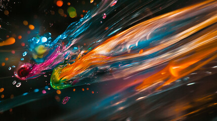 Vibrant splashes of color collide in a swirling display of paint and water dynamics at a creative art event