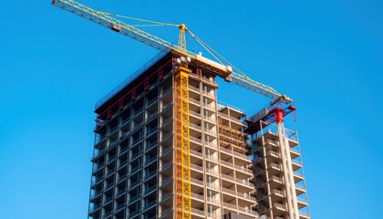 High-rise building construction unfolds under a clear blue sky, showcasing the architectural journey in urban development