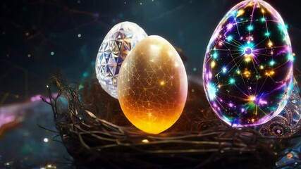 Three easter eggs, one diamond, one gold and one made of glowing particles, are lying in a nest on a starry night background with abstract particles - Powered by Adobe