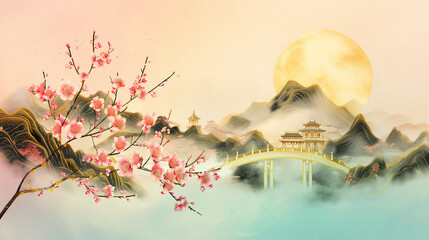 Seollal, Chuseok, Beautiful elegant vintage floral background with the full moon, in a traditional oriental style, for the Asian Mid Autumn festival, Korean Lunar New Year