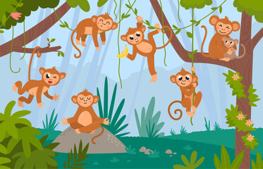 Naklejka premium Monkeys hang on vines. Funny monkey in tropical forest, meditation, eating banana, having fun. Cute cartoon exotic wild animals, classy vector rainforest scene