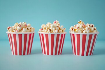 Popcorn box. Red and white striped buckets of popcorn on a blue background. Cinema and entertainment concept. Movie night with popcorn. Cheesy popcorn. Delicious appetizer, snack. Place for text. 