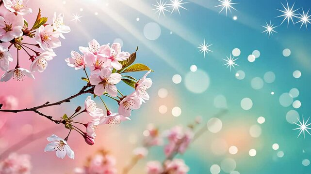 Blossoming cherry branches in sunlit bokeh with nature's radiance