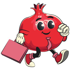 Cute Kawaii Pomegranate character wearing a tie and carrying a suitcase rushing to the office, vector hand drawn cartoon isolated icon illustration, work of hand drawn