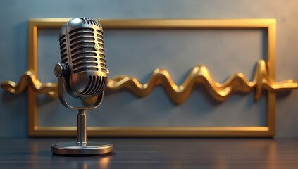 Podcast Professional Studio Microphone with Sound Wave on Metallic Background with Brown Gold Frame. Perfect for podcast promotions, audio recording concepts, designs related to digital broadcasting