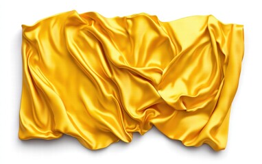 A vibrant yellow silk fabric with gentle wrinkles and radiant reflections on a bright white background