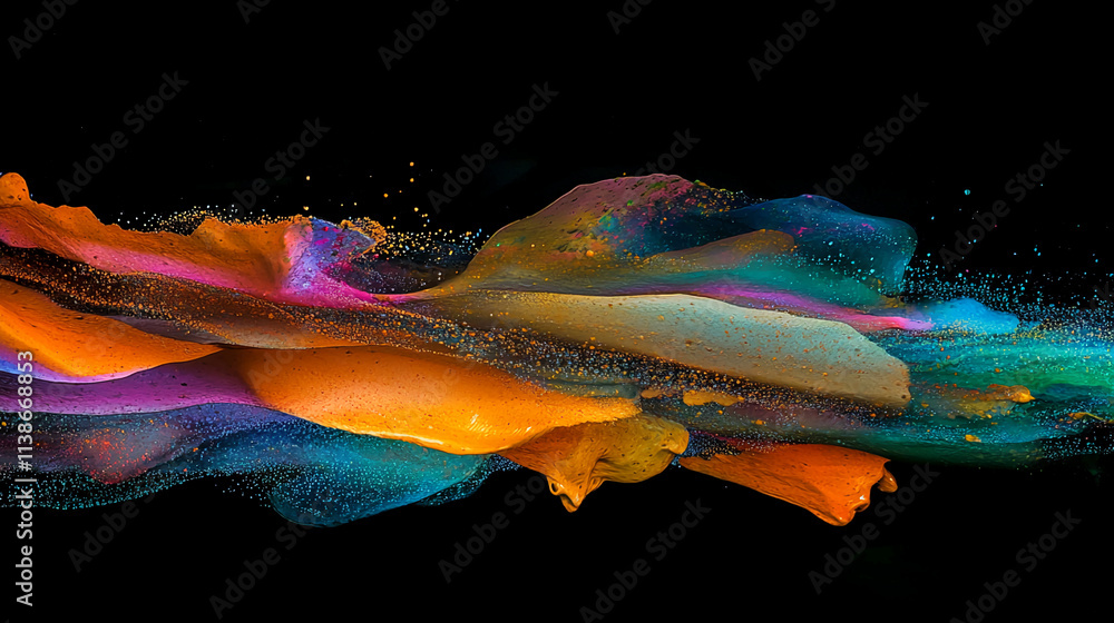 Poster vibrant abstract colors flowing in dynamic waves on a black background create a mesmerizing visual e