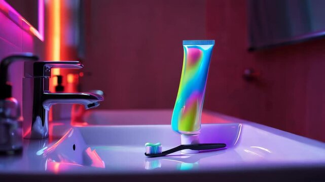 Colorful toothpaste tube and black toothbrush rest on a white sink in a bathroom, illuminated by vibrant shades of pink and blue, creating a stylish and modern atmosphere