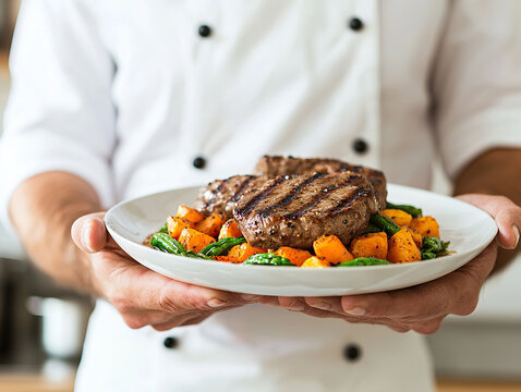 chef presenting gourmet dish of grilled steak with vegetables in professional kitchen - Powered by Adobe