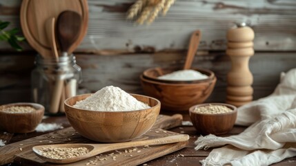 Rustic kitchen setup with flour, bowls, and baking tools