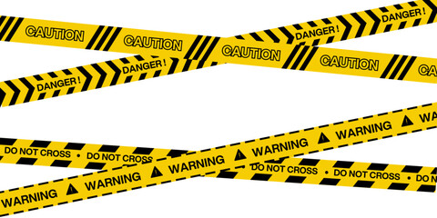 Caution tape set: Yellow warning ribbons with bold black stripes and hazard patterns. Vector illustration.