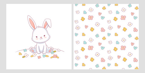 Delicate pattern in pastel colors with bunnies, and floral elements. Vector illustration can be used for t-shirt print, kids wear fashion design, baby shower invitation card