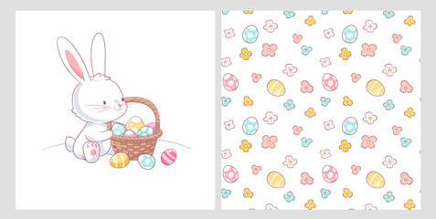 Delicate pattern in pastel colors with Easter rabbit, basket full of easter eggs, and floral elements. Vector illustration can be used for t-shirt print, kids wear fashion, baby shower invitation card