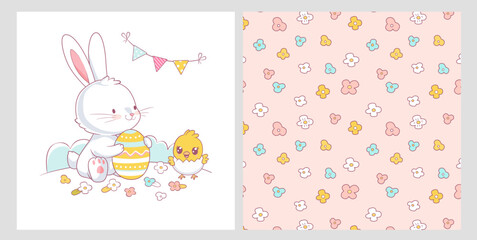 Easter delicate pattern with spring flowers, bird, Easter eggs and Easter bunny. Can be used for t-shirt print, kids wear fashion design, baby shower invitation card