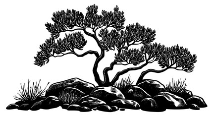 Juniper shrubs in a rock garden design, Plant Digital Art