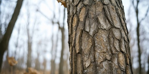 Fototapeta premium Detailed view of a tree with rough bark highlighting natural textures and patterns in a forest setting.