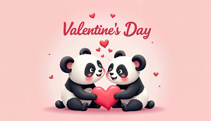 Fototapeta premium Two cute pandas holding a heart with Valentine's Day text
