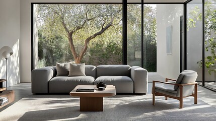 Obraz premium Beautiful Modern Living room Interior with furniture's ,mockup frame , posters, wall -3d Rendering