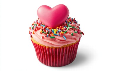 A Valentines Day cupcake with a heart-shaped fondant topper, vibrant pink frosting, and colorful sprinkles, on a clean white background
