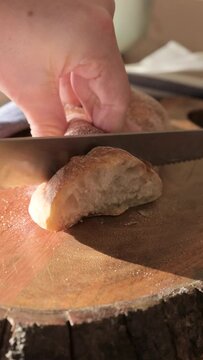 French baguette with butter for breakfast. Fresh crusty bread with farm butter. in life style. atmospheric French breakfast. High quality FullHD footage