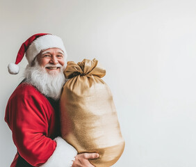 Santa Claus with bag of gifts digital photostyle illustration. White background. Santa festive banner Christmas and New Year. AI artwork.