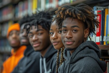 A group of African American students sits in a library surrounded by bookshelves.