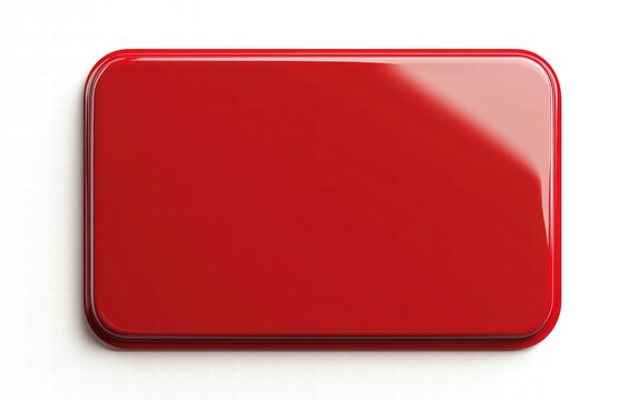 A blank rectangular sign with a glossy red finish and rounded corners on a bright white background