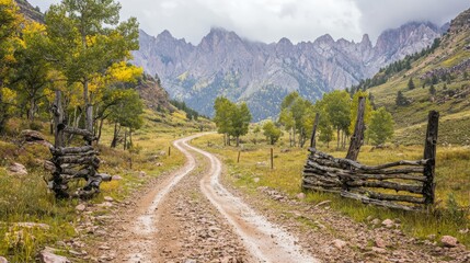 A scenic dirt road leads through mountains and trees in a tranquil landscape.