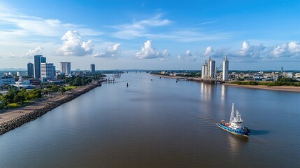 Naklejka premium Overhead perspective showcases an oil and gas field with large storage silos, cargo barge, and rocky structures against a blue sky