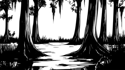 Swamp cypress trees with knees growing in a bayou, Plant Digital Art