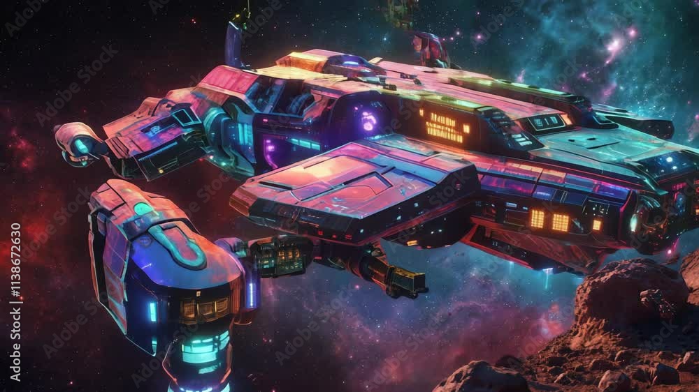Poster futuristic spaceship navigates through a vibrant galaxy, showcasing its intricate design and the bea