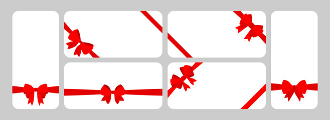 Red satin bows tied around ribbons. Bright loops, flowing tails, diagonal and horizontal placements, gift decoration vibrant knots, festive ribbon accents, wrapping holiday decor trims