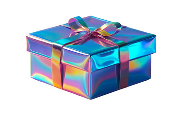 Obraz premium 3D holographic Y2K element, isolated background. Liquid chrome metal, box with a bow on top, wrapped in shiny plastic and has a bow, cute gift.