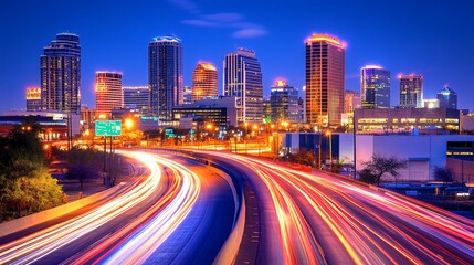 Fototapeta premium Vibrant Nighttime Cityscape with Light Trails and Illuminated Skyscrapers