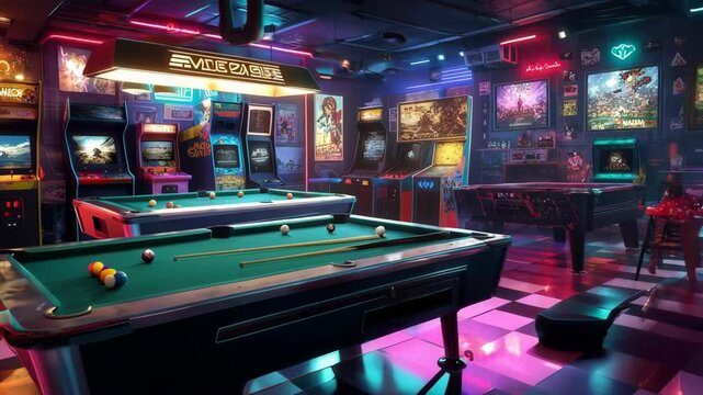 White billiard ball glides across a pool table, heading towards another ball in a vibrant, eighties-style arcade filled with retro neon lights and a lively atmosphere