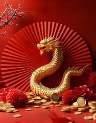 Obraz premium A vibrant golden dragon sculpture with a red fan backdrop, ideal for Lunar New Year celebrations, symbolizing wealth and prosperity in festive designs.