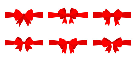 Red bows on ribbons flat set. Simple glossy elegant loops tails knots. Cartoon festive decoration tied in classic shapes for gift wrapping holiday themes ornate detail cheerful ribbon vibrant accents