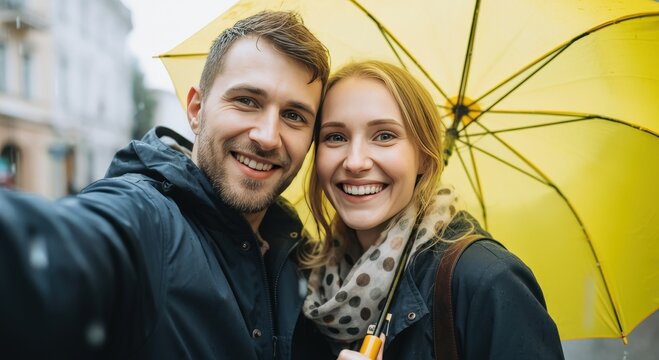 Happy caucasian young couple enjoying rainy day outdoors with yellow umbrella - Powered by Adobe