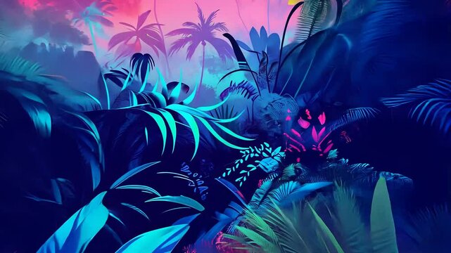 Vibrant tropical jungle panorama with dynamic neon colors and lush foliage
