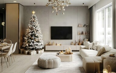 Elegant studio apartment with a snowy artificial Christmas tree, light gray walls, and subtle touches of beige and cream in the dÃ?cor