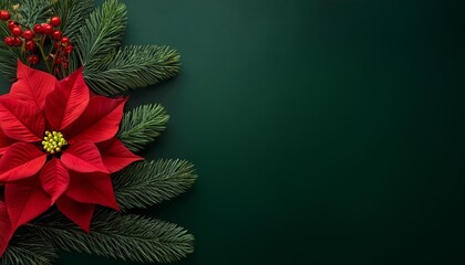  Dark green background Christmas banner with poinsettia flower and fir branch, copy space 