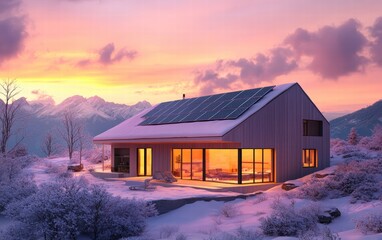 Minimalist mountain house with solar panels on the roof, set against a serene snowy landscape and...