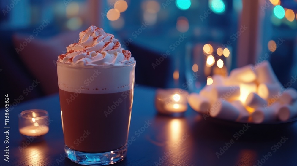 Poster cozy drink with marshmallows on a table, lit by candles, bokeh lights.