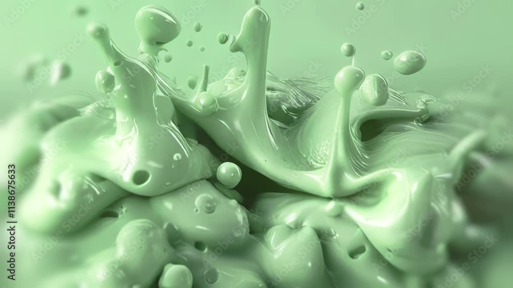 Poster Animated abstract flow of green viscous liquid with smooth texture. Realistic drops add movement, emphasizing the lightness and expressiveness of the composition