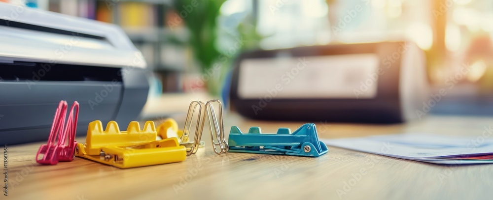 Poster Office supplies on desk near printers with shallow depth of field.