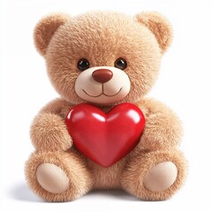 Obraz premium Adorable teddy bear holding a shiny red heart on white background